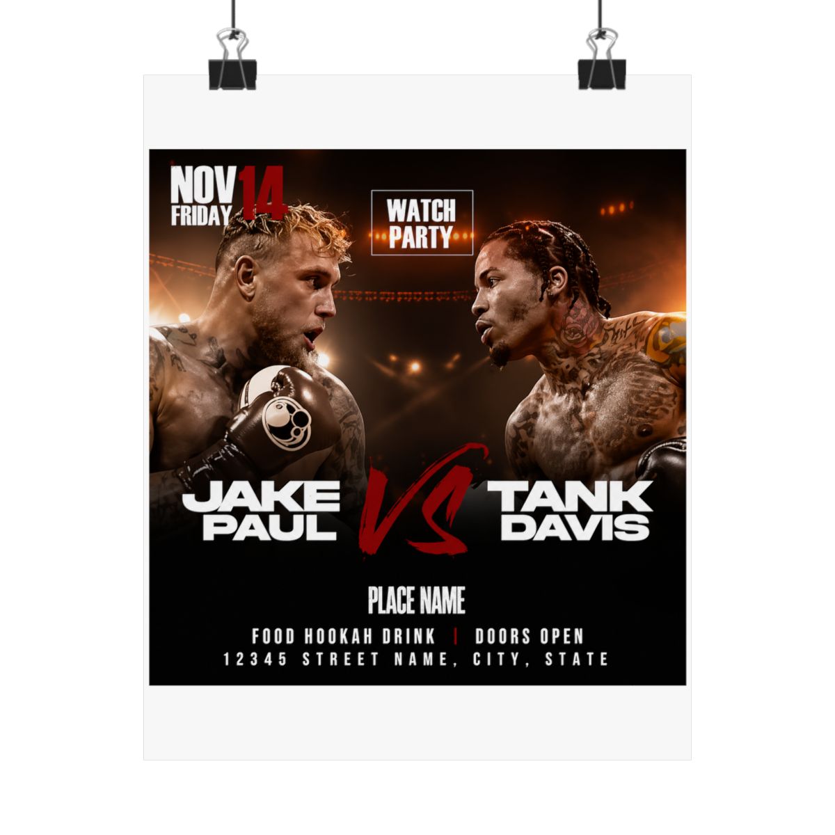 A boxing match promotional poster and a smartphone displaying the same advertisement. The poster promotes a fight between Jake Paul and Tank Davis, with the words "Watch Party." The phone screen...